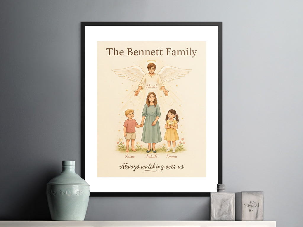The Bennett Family portrait with an angel, mom, and two children, David, Lucas, Surah, Emma.