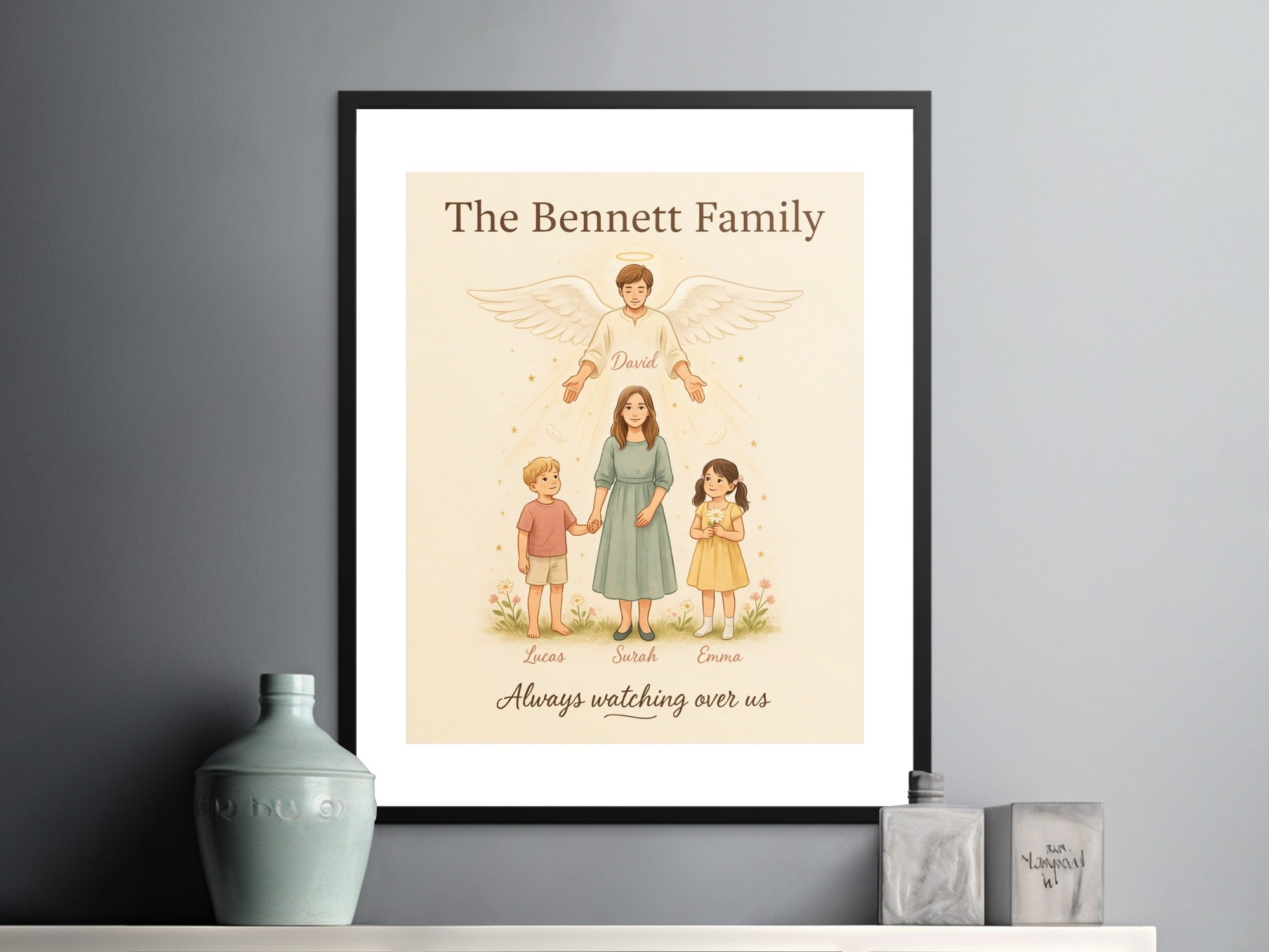 The Bennett Family portrait with an angel, mom, and two children, David, Lucas, Surah, Emma.