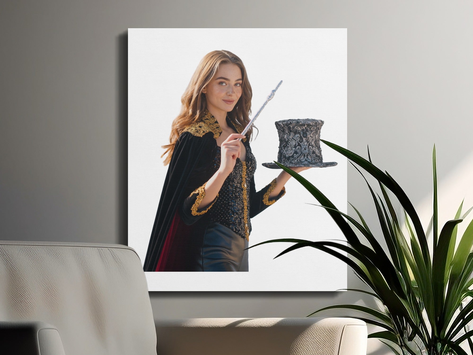 Young woman in magician costume holding top hat and wand.