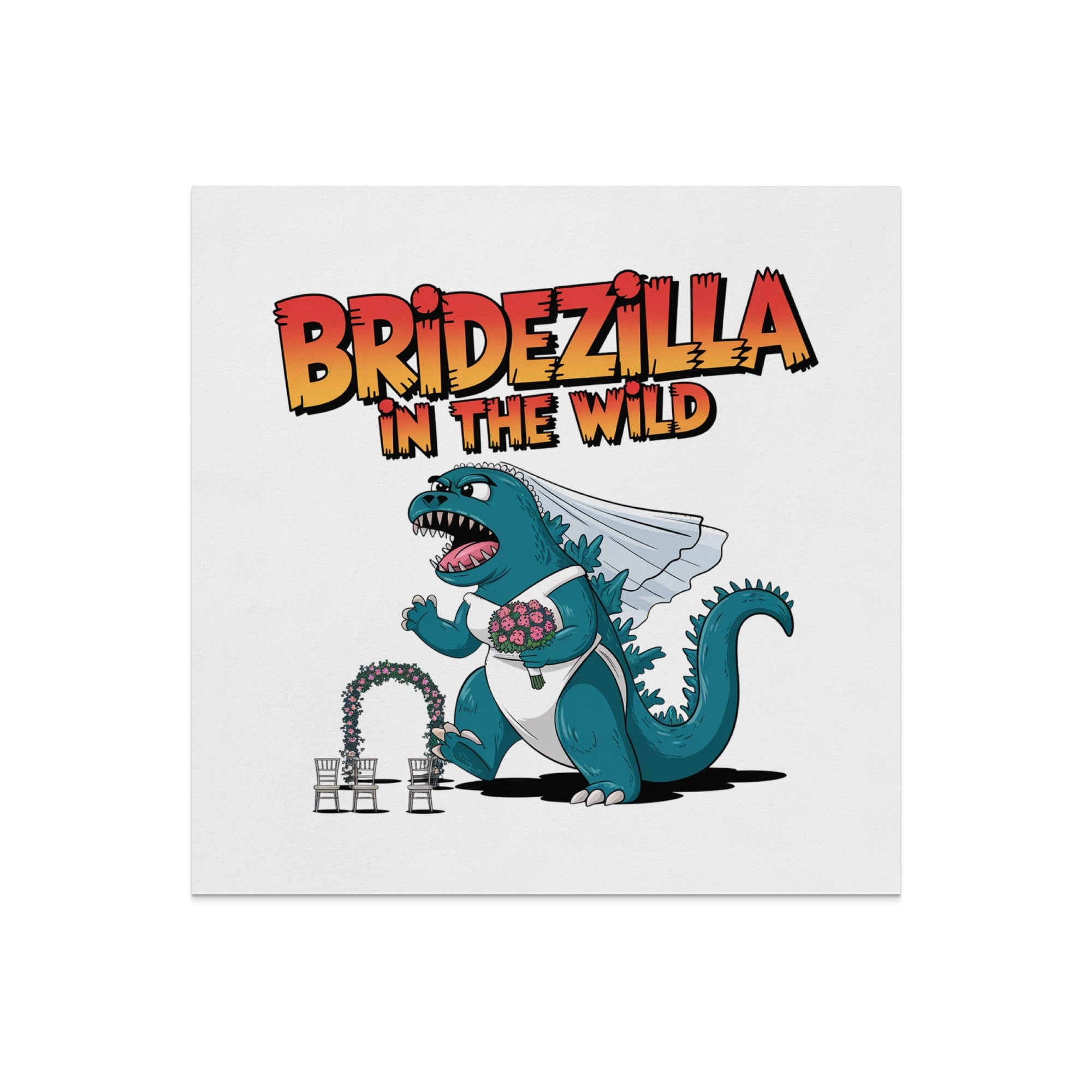 Bridezilla Godzilla wearing a veil and holding flowers at a wedding altar.