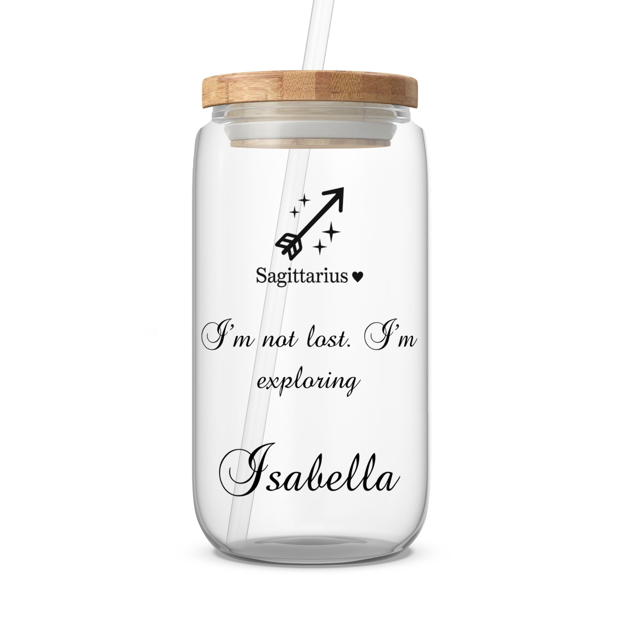 Clear glass Sagittarius tumbler with straw, featuring astrological symbol and name Isabella.