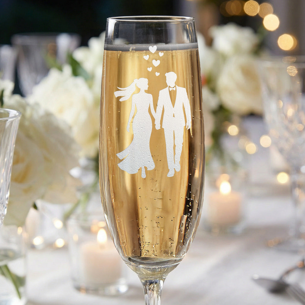 Champagne flute with etched silhouette of a bride and groom, wedding bubbles.