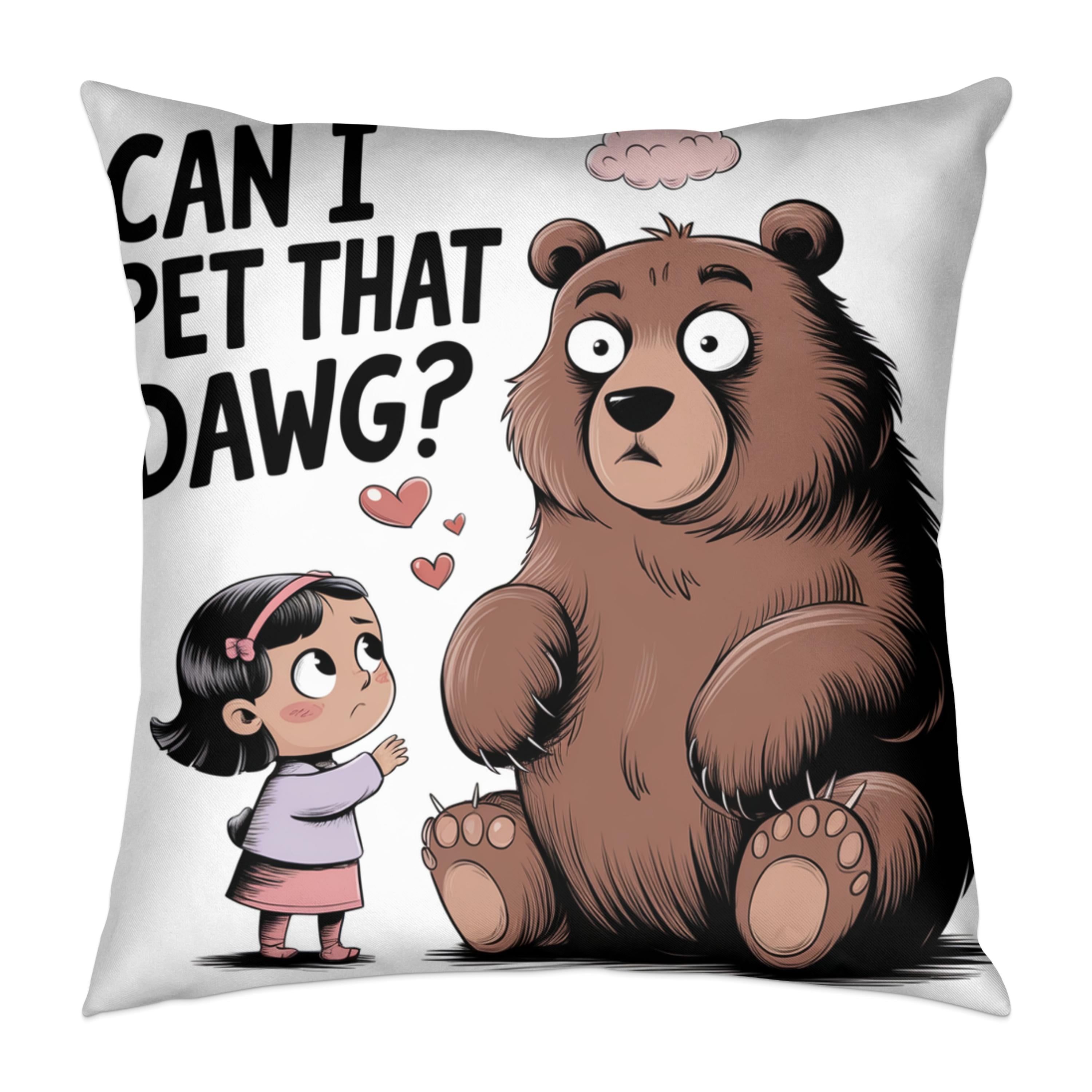 Girl asking a bear "Can I pet that dawg?", hearts floating.