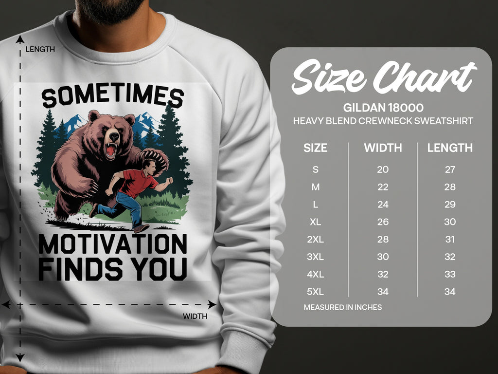 Gildan 18000 sweatshirt size chart with bear graphic and text "Sometimes Motivation Finds You".