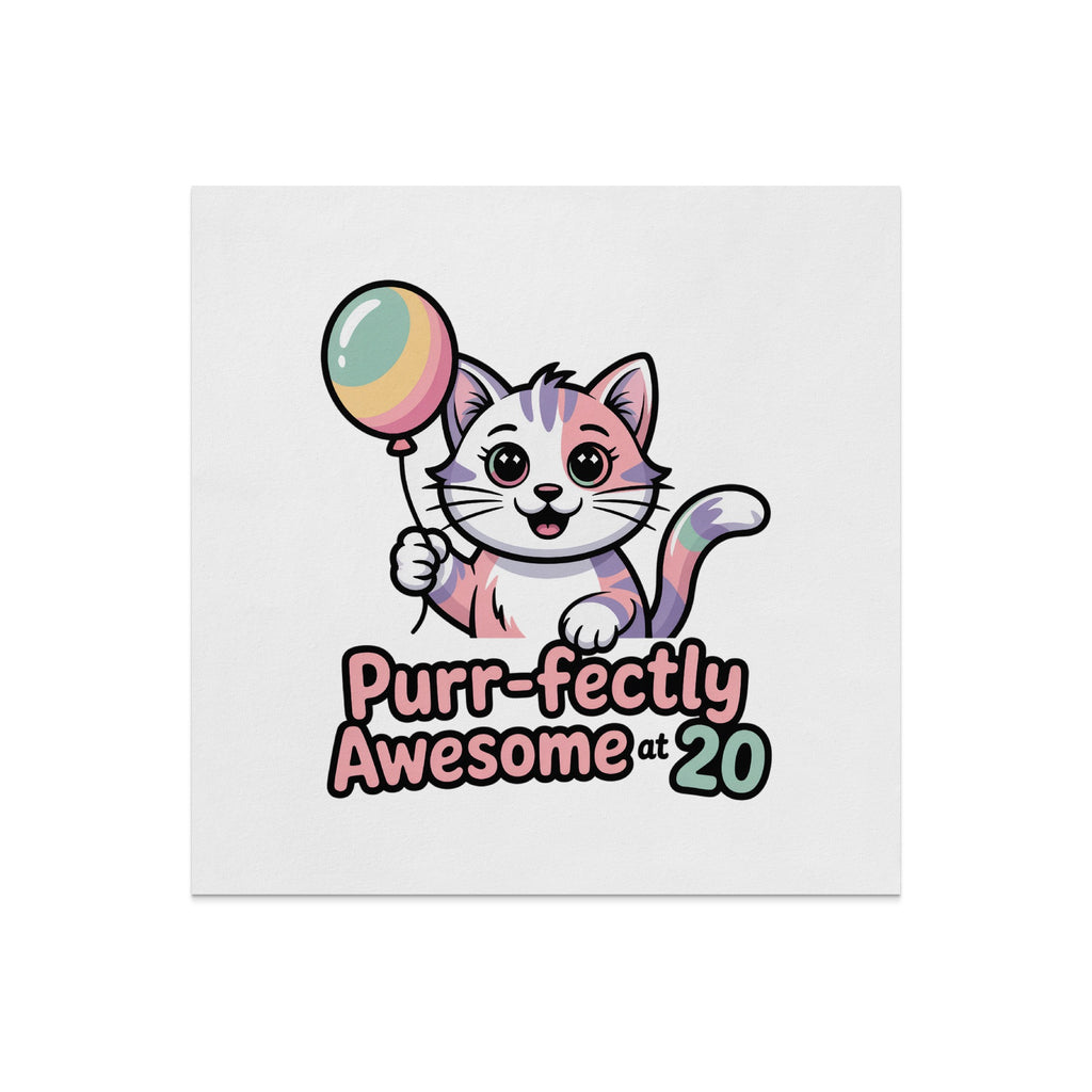 Cute cat holding a balloon, "Purr-fectly Awesome at 20".