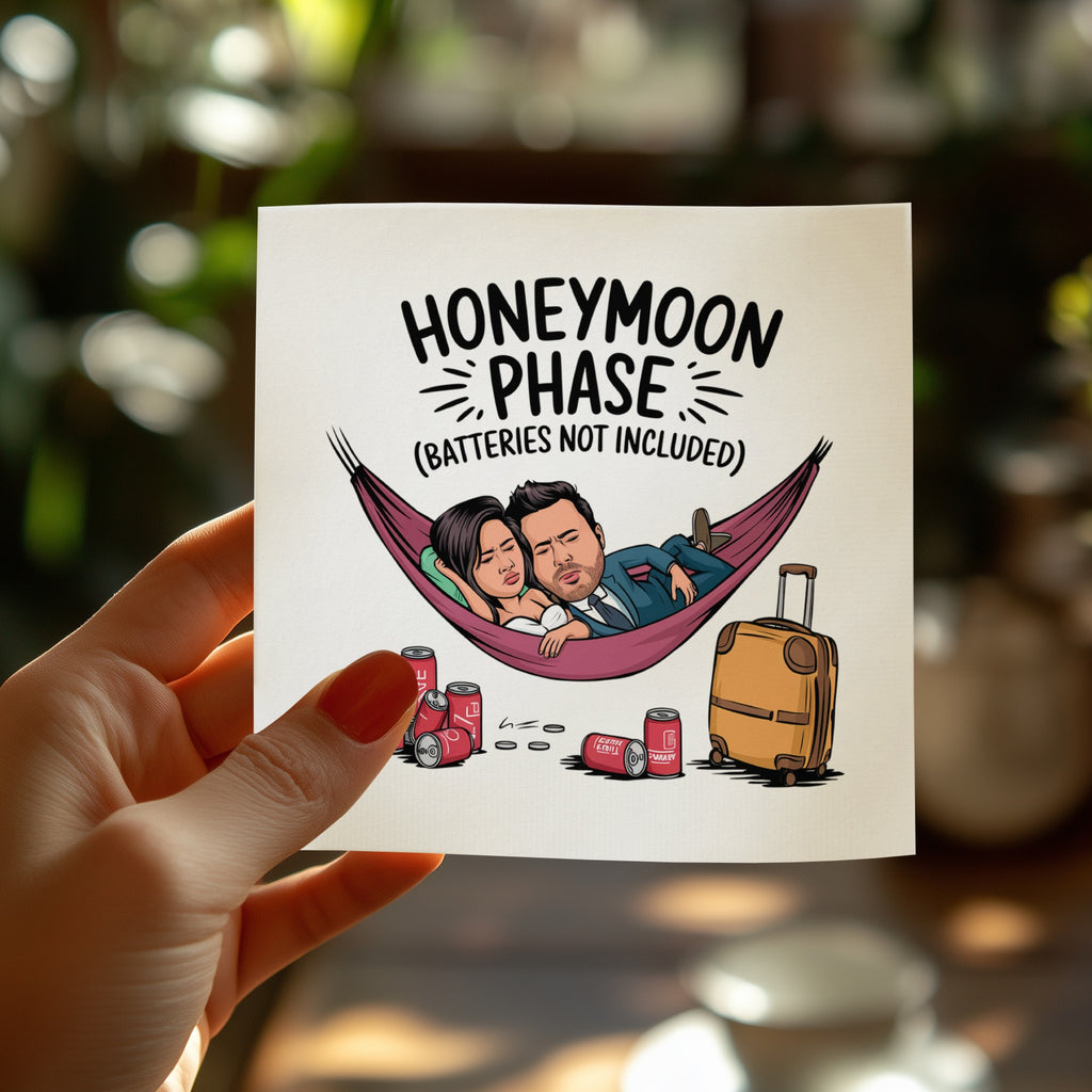 Illustration of couple in hammock with luggage and soda cans, text "Honeymoon Phase (Batteries Not Included)".