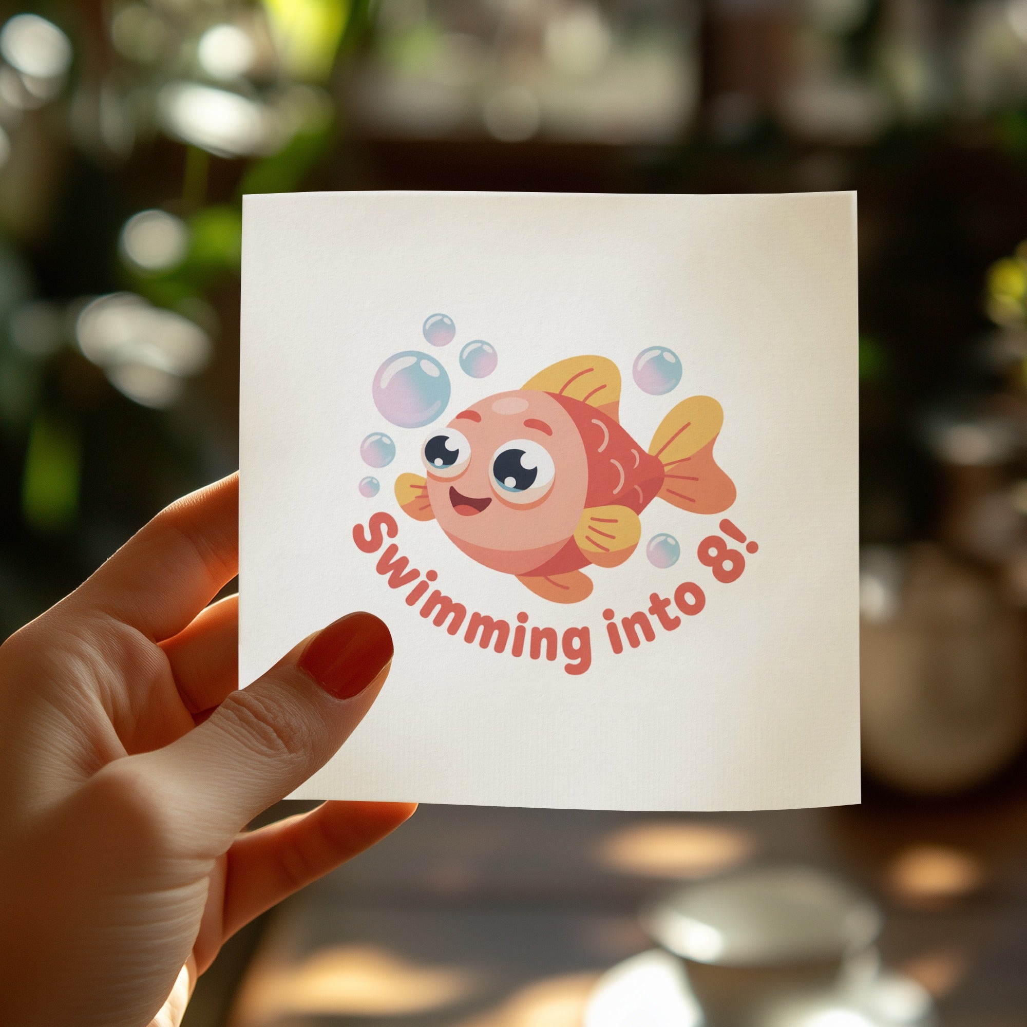 Card with orange fish and "Swimming into 8!" text, held by a hand.