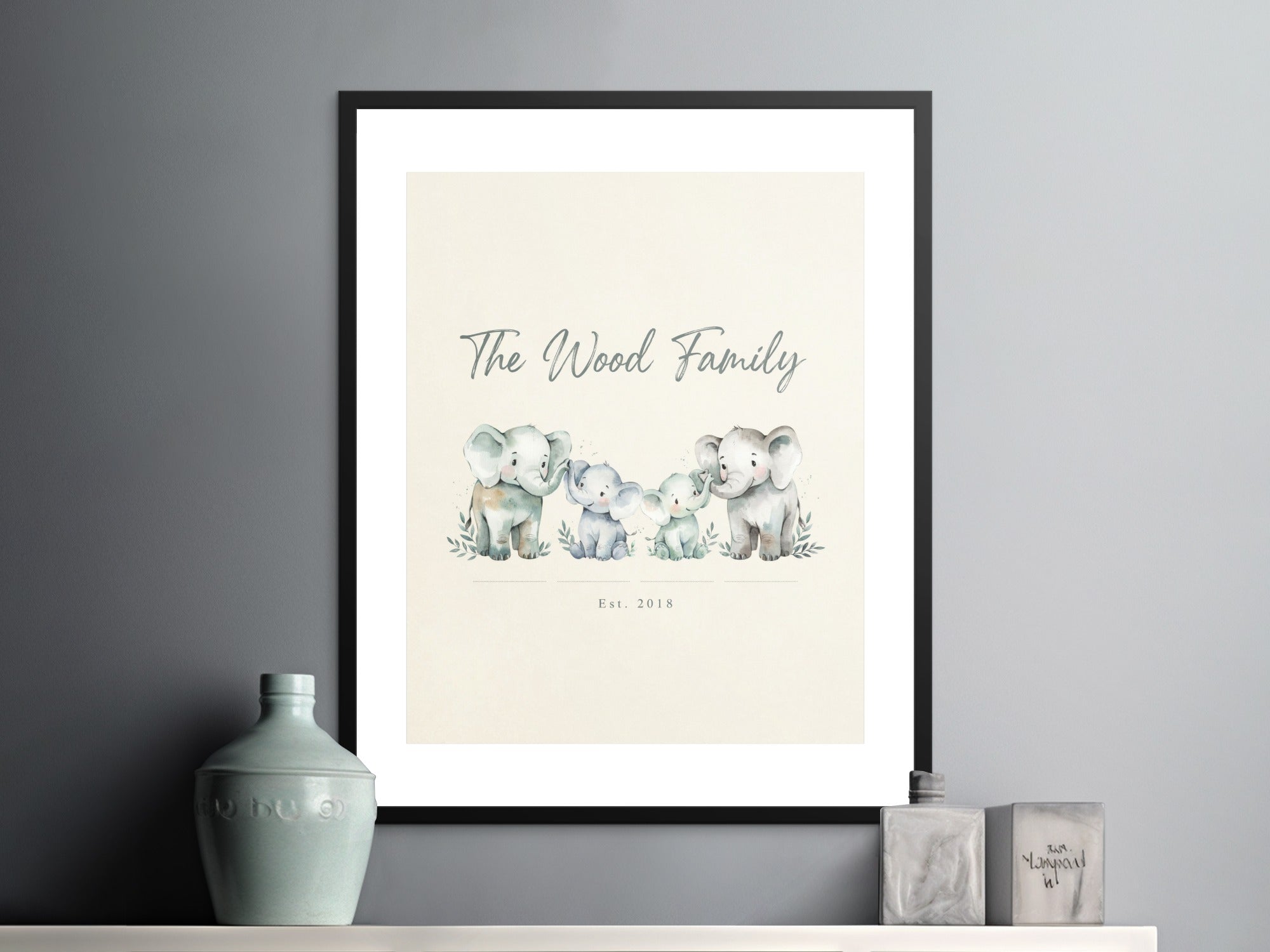 "The Wood Family" Est. 2018 framed print with watercolor elephants.