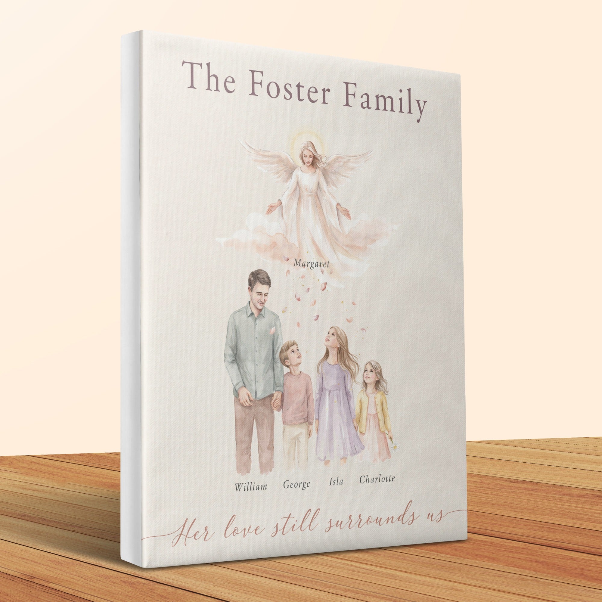 "The Foster Family" book cover with watercolor painting of a family, angel, and text.