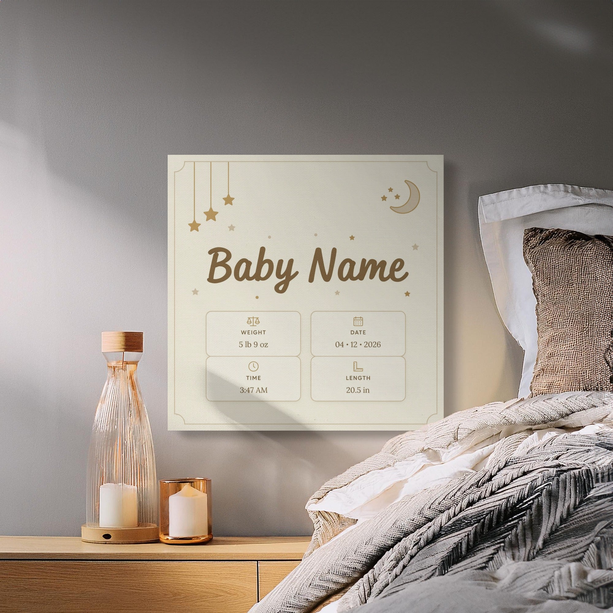 Canvas print with "Baby Name" and birth details: 5 lb 9 oz, 3:47 AM, 04/12/2026, 20.5 in.