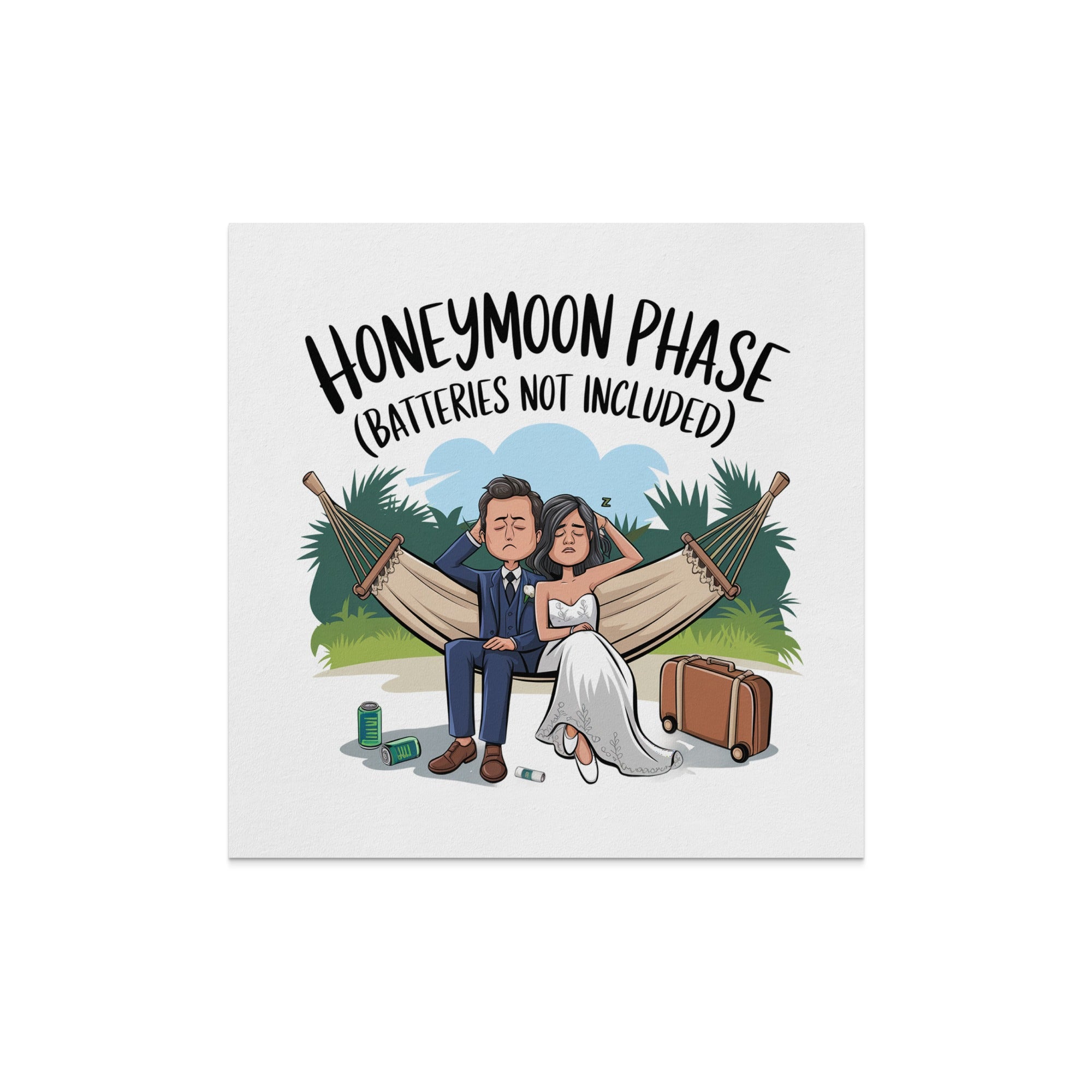 Couple in wedding attire sleeping in a hammock, with "Honeymoon Phase" text.