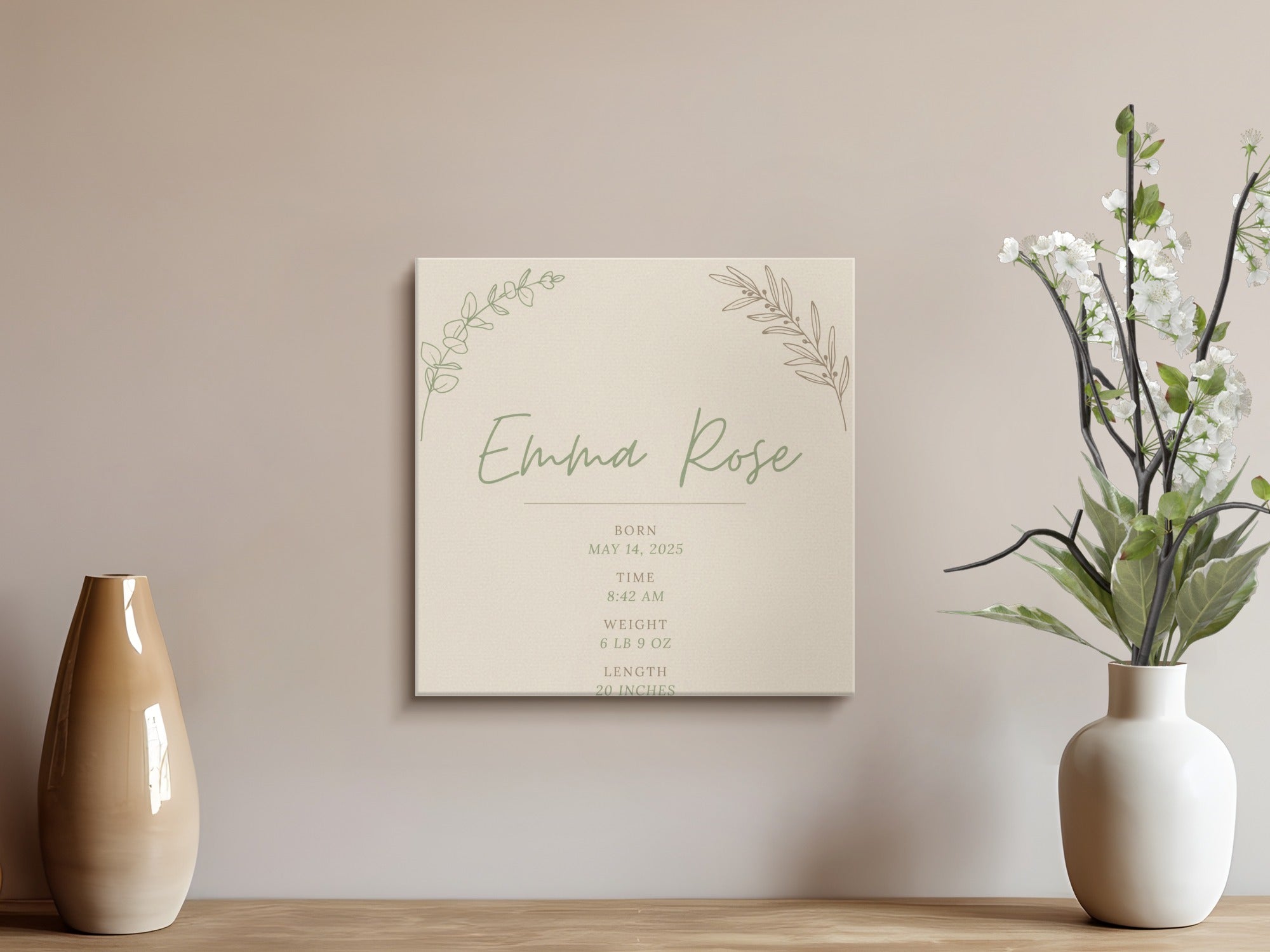 Birth announcement art for Emma Rose with birth details, botanical accents.