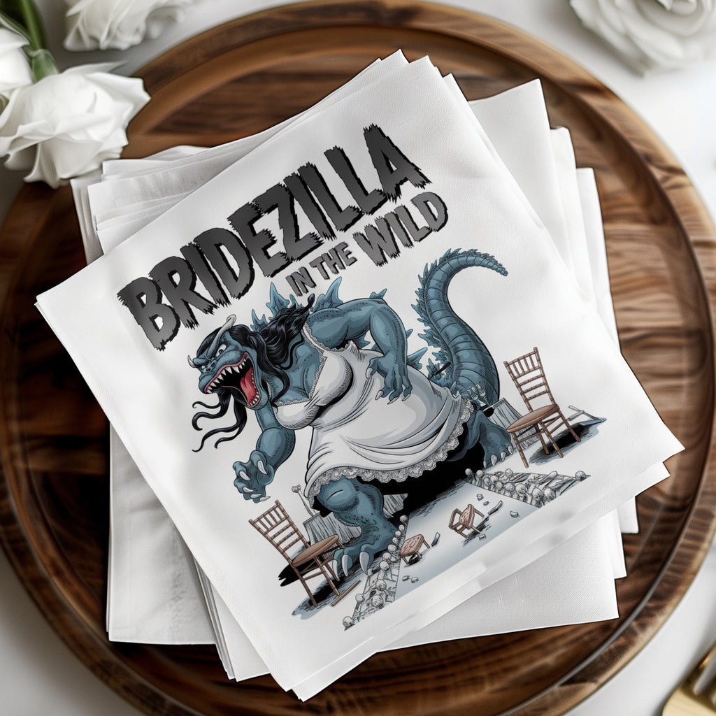 Bridezilla illustration in a wedding dress, Godzilla-like monster with chairs, text "BRIDEZILLA IN THE WILD".