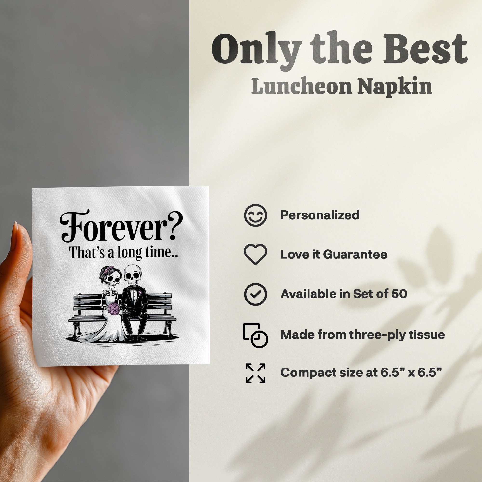 Skeleton couple on bench with "Forever?" text, Luncheon Napkin.