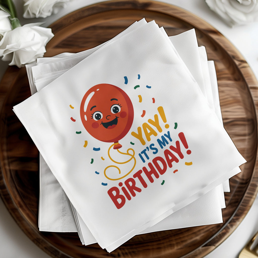 Red balloon with "YAY! IT'S MY BIRTHDAY!" text on stacked white napkins.
