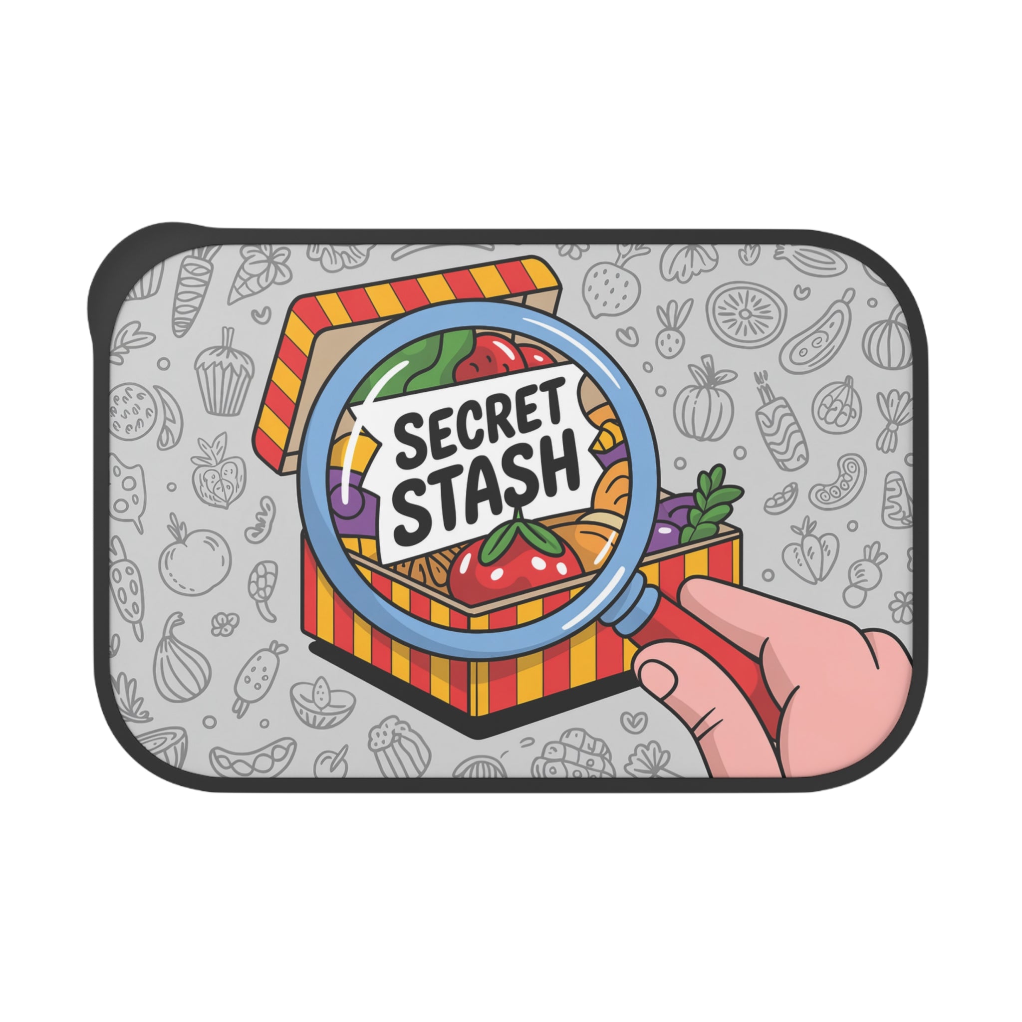 Hand holding magnifying glass over box of vegetables with "SECRET STASH" text.