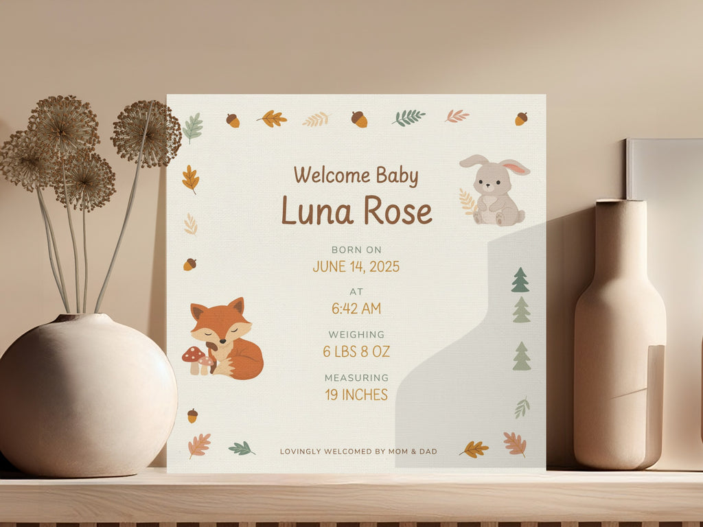 Birth announcement detail card for Luna Rose, born June 14, 2025, weighing 6 lbs 8 oz.