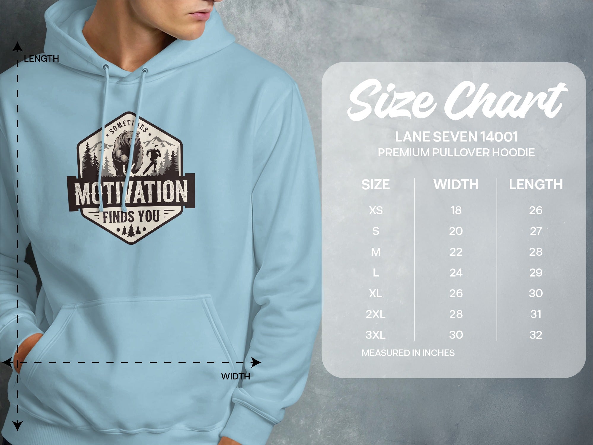 Light blue hoodie with "Motivation Finds You" graphic and size chart.