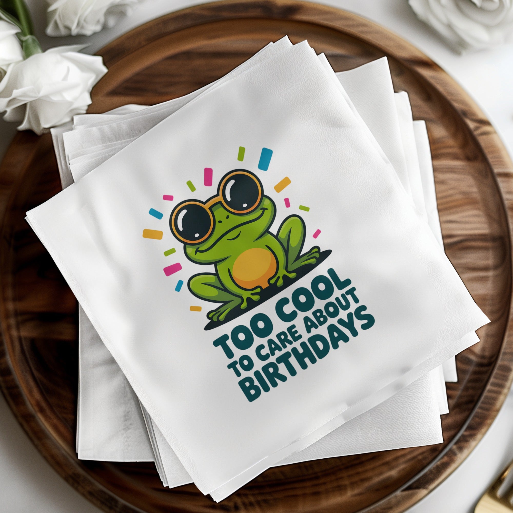 Frog with sunglasses on napkins: "Too cool to care about birthdays."