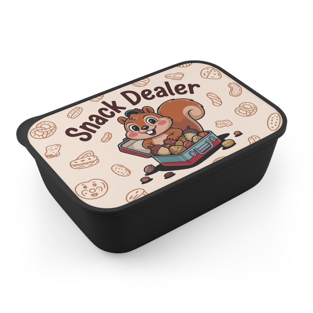 Black snack container with a squirrel and nuts graphic.