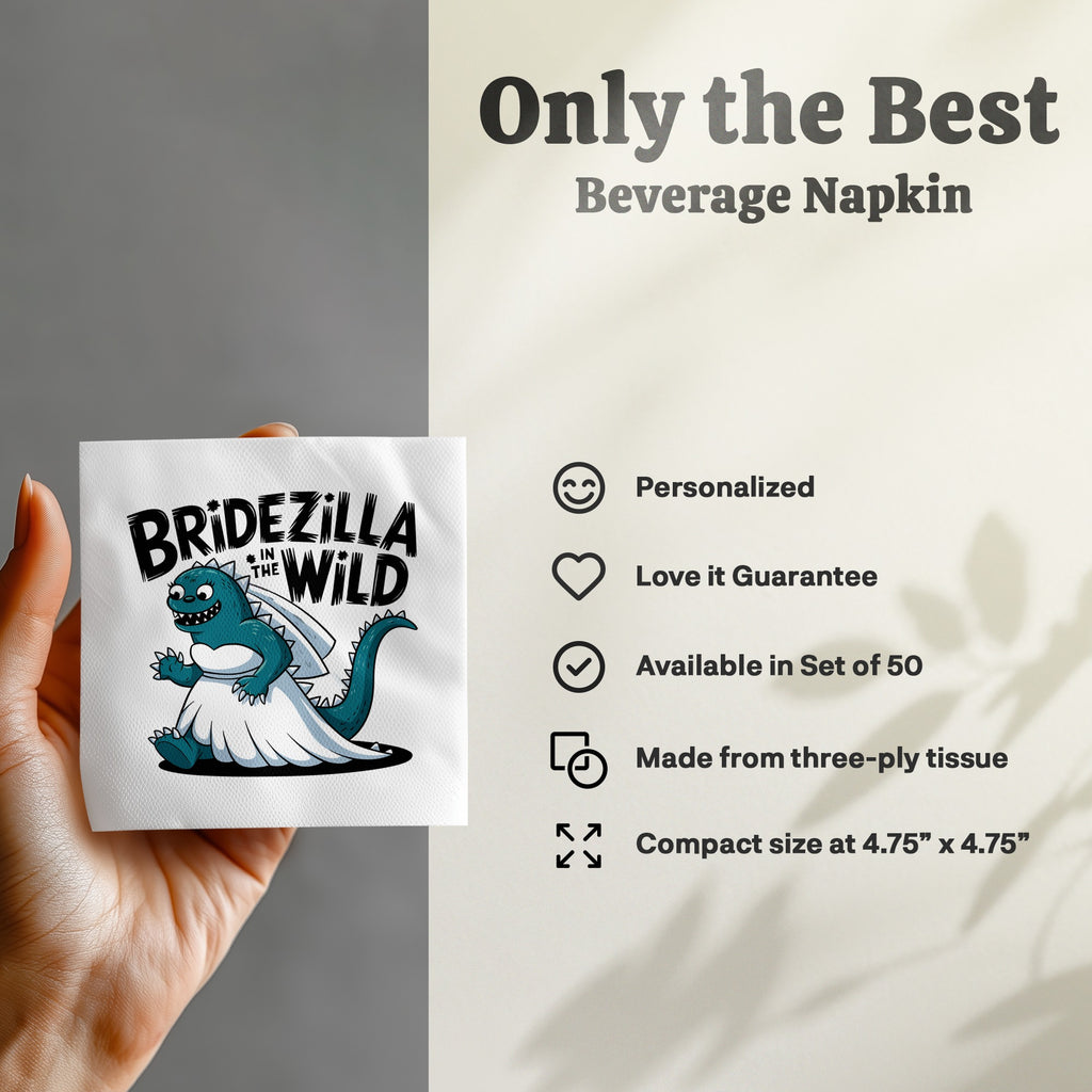 White beverage napkin featuring a cartoon dinosaur bride in a wedding dress.