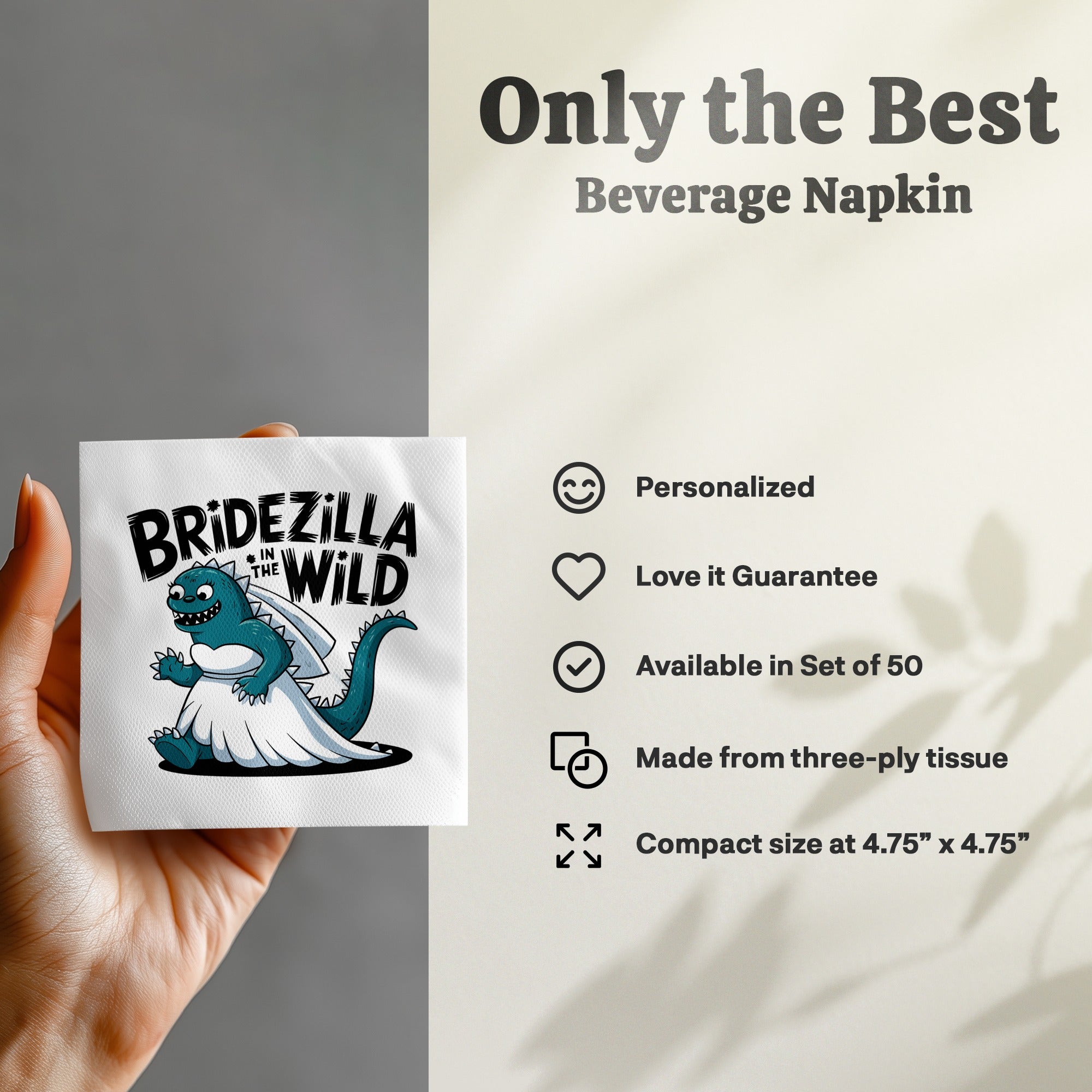 White beverage napkin featuring a cartoon dinosaur bride in a wedding dress.