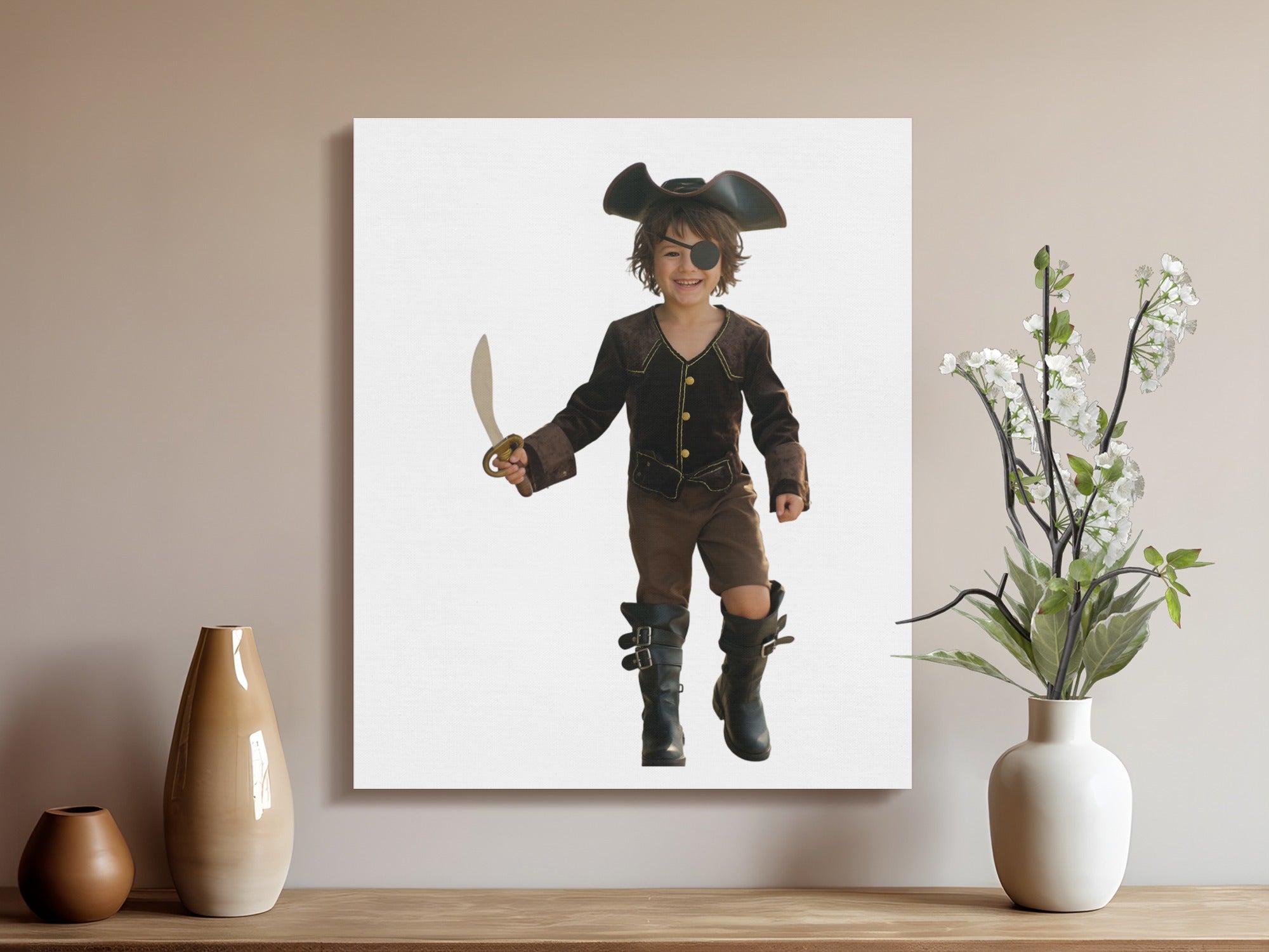 Child in pirate costume with eye patch and sword, standing on canvas.