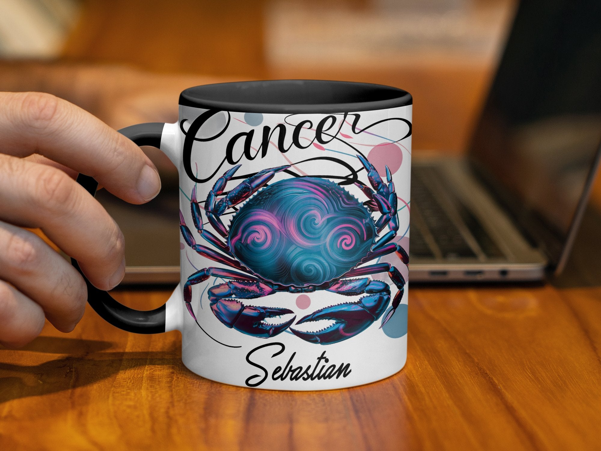 Cancer zodiac mug with crab design and "Sebastian" text.