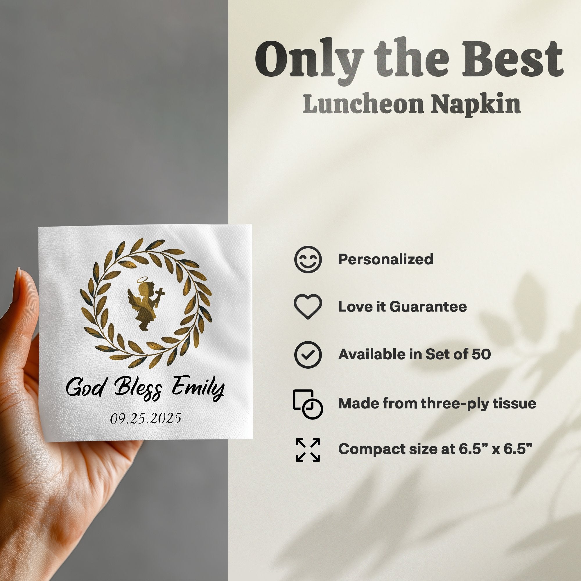 Luncheon napkin with "God Bless Emily 09.25.2025" and golden angel.