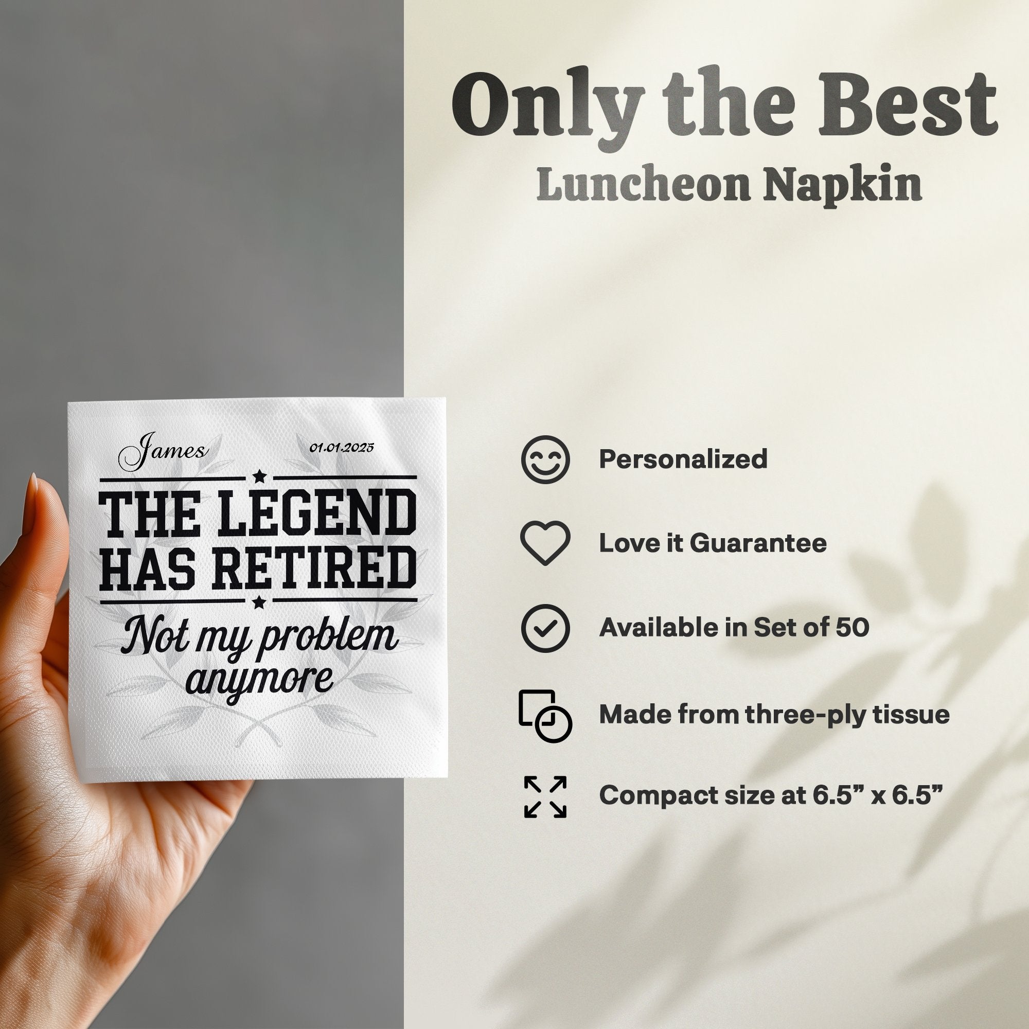 Retired legend luncheon napkin with personalized text and date, available in sets of 50.