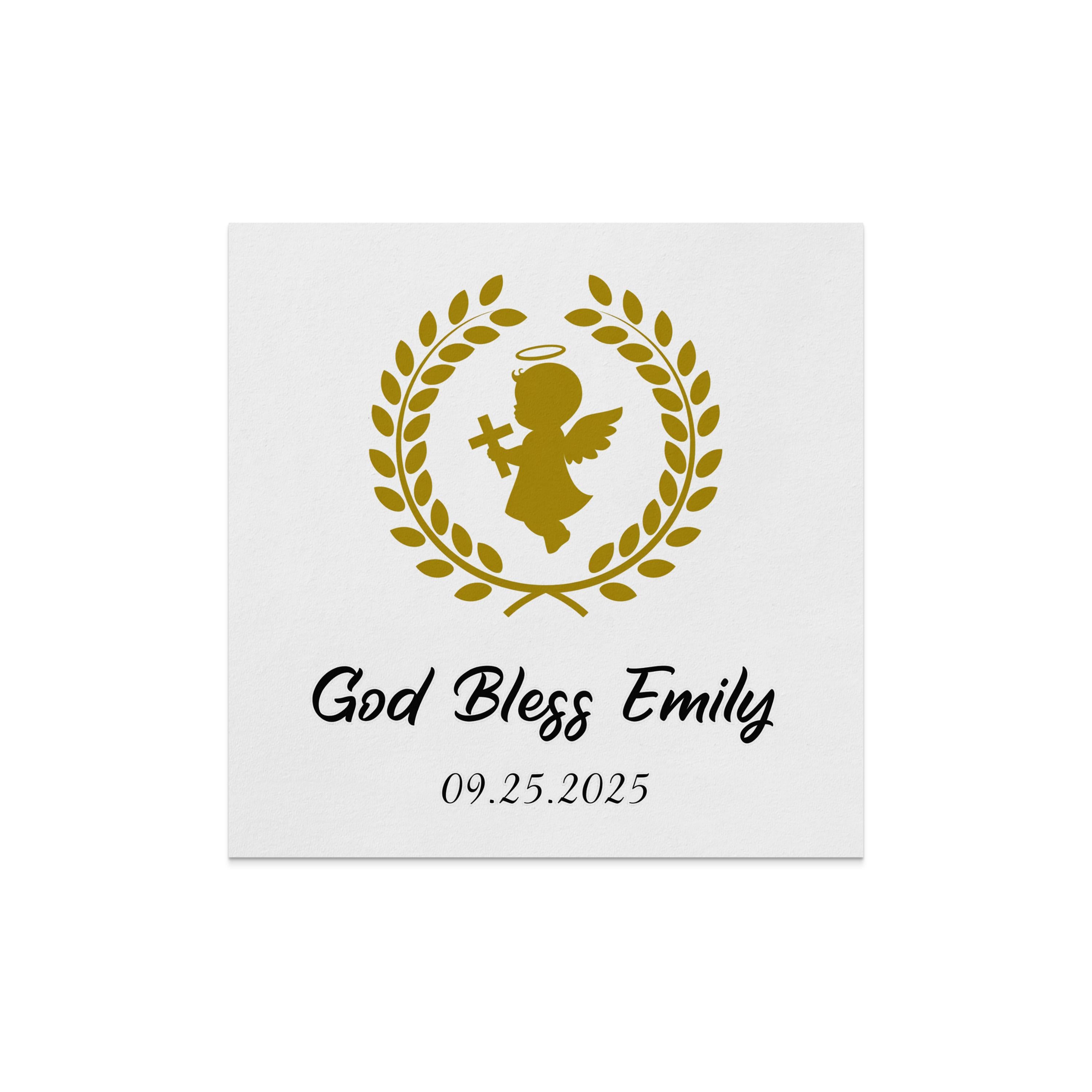 Gold angel in wreath above "God Bless Emily" and date 09.25.2025.
