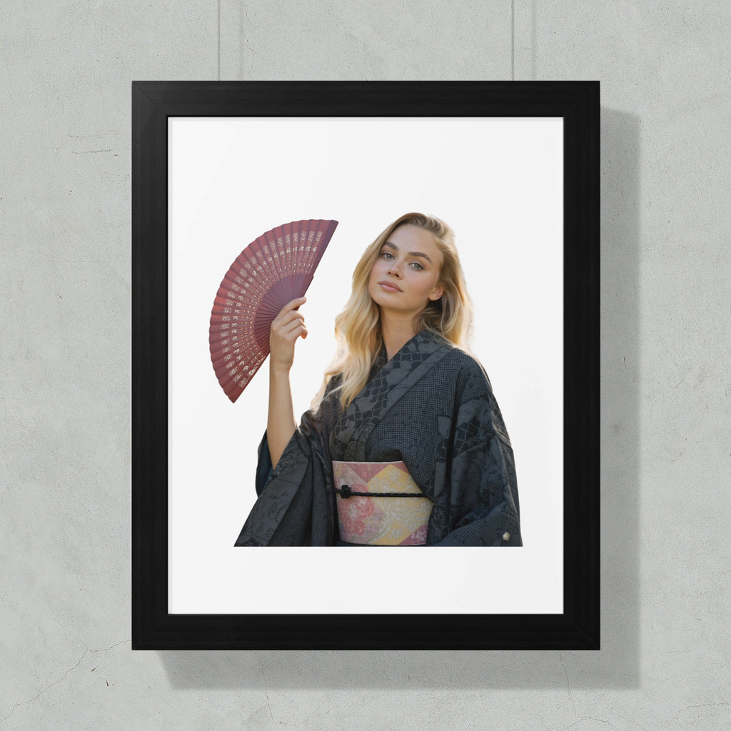 Woman in kimono holding a red fan against a white background.