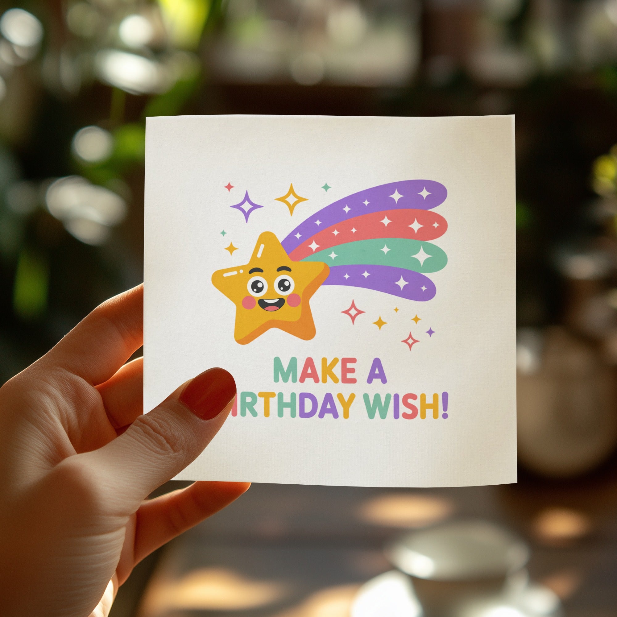 Card with a smiling star, shooting star, and "Make a birthday wish!" text.