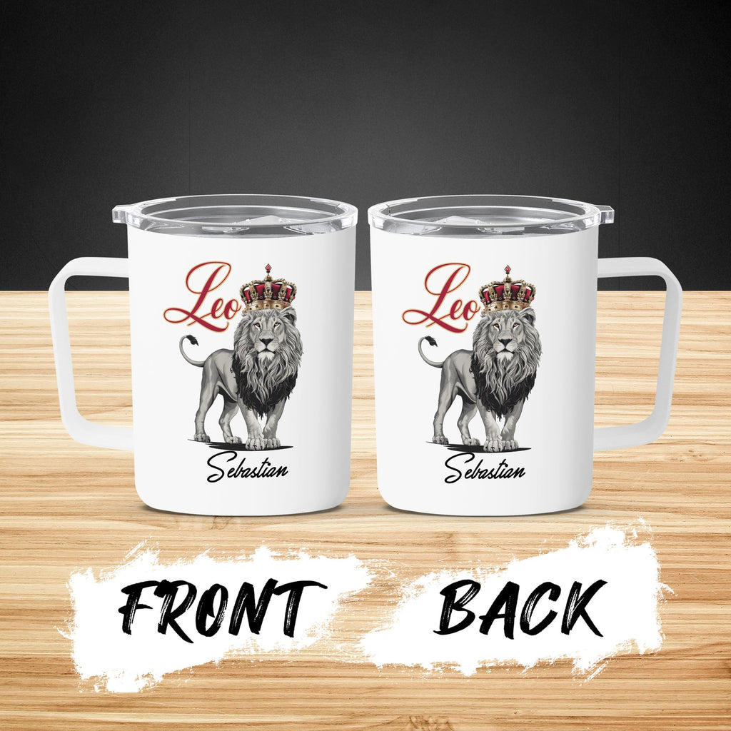 Two white mugs with lion and crown design, "Leo Sebastian" text.