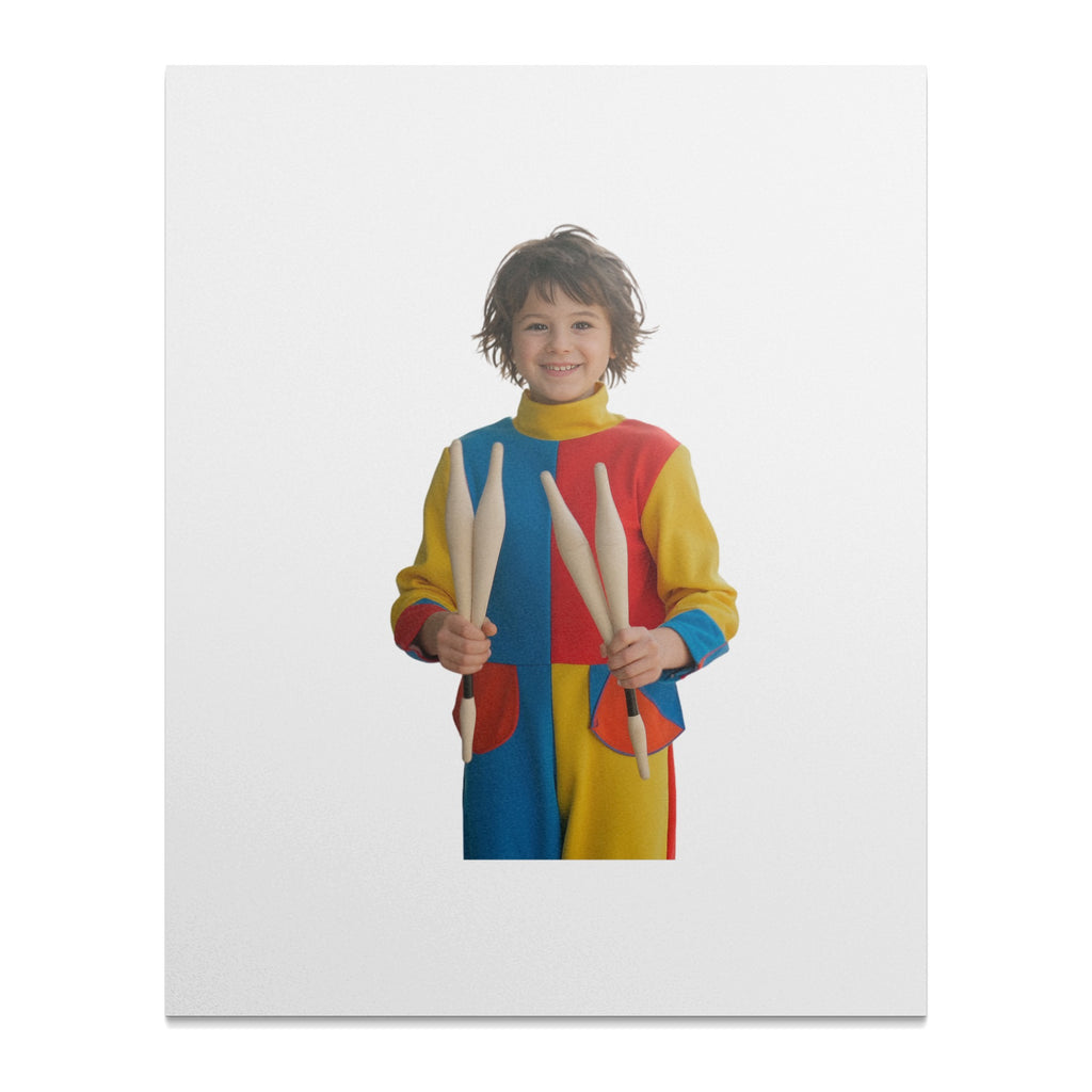 Young child in colorful jumpsuit holding juggling pins.