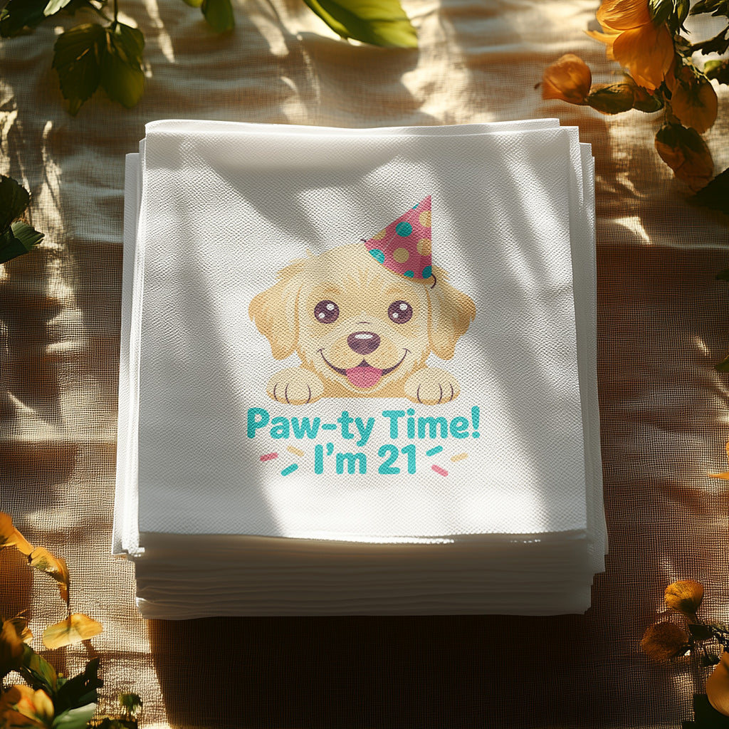 Stack of white napkins featuring a cartoon dog wearing a party hat with text "Paw-ty Time! I'm 21".