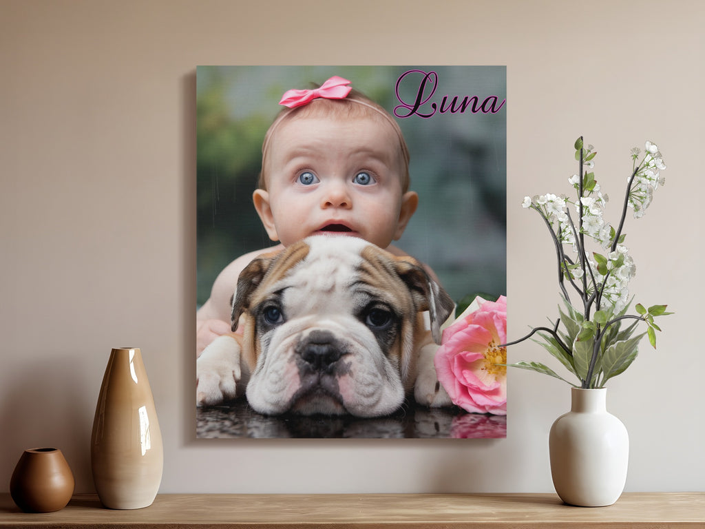 Baby with bulldog puppy, pink bow, pink rose, text "Luna".