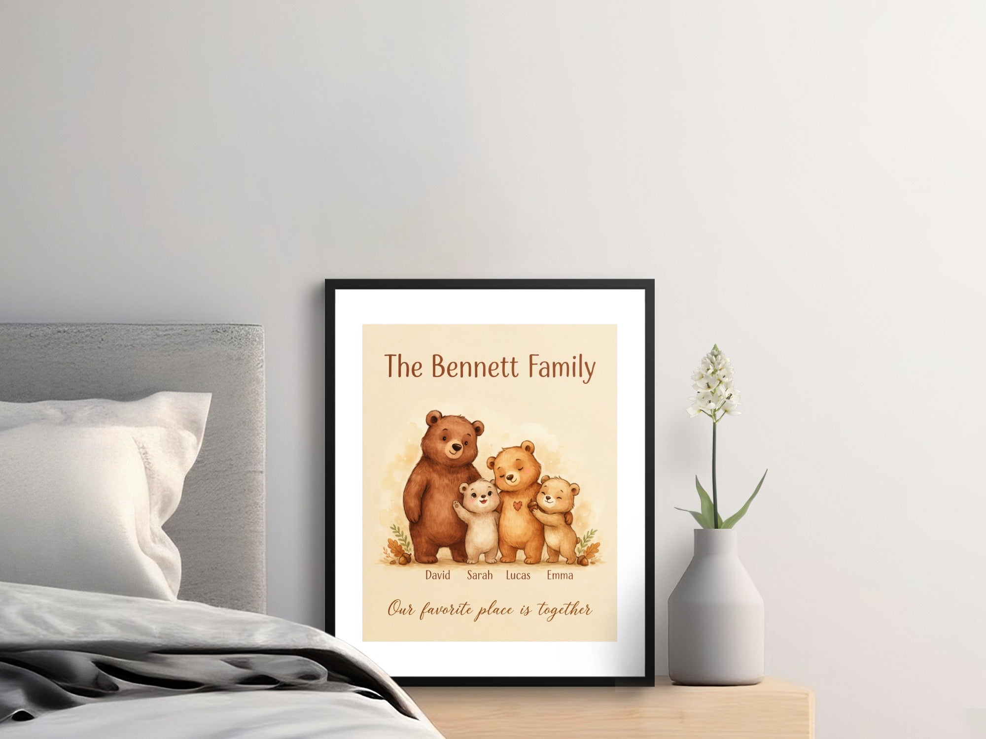 Framed art of a bear family with names and "Our favorite place is together."