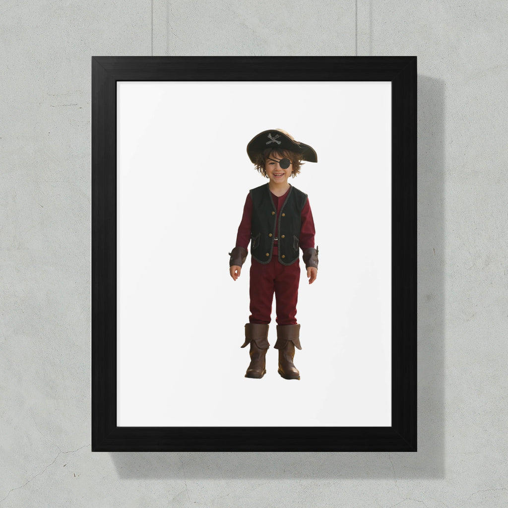 Child dressed as a pirate, wearing hat, eye patch, vest, and boots.