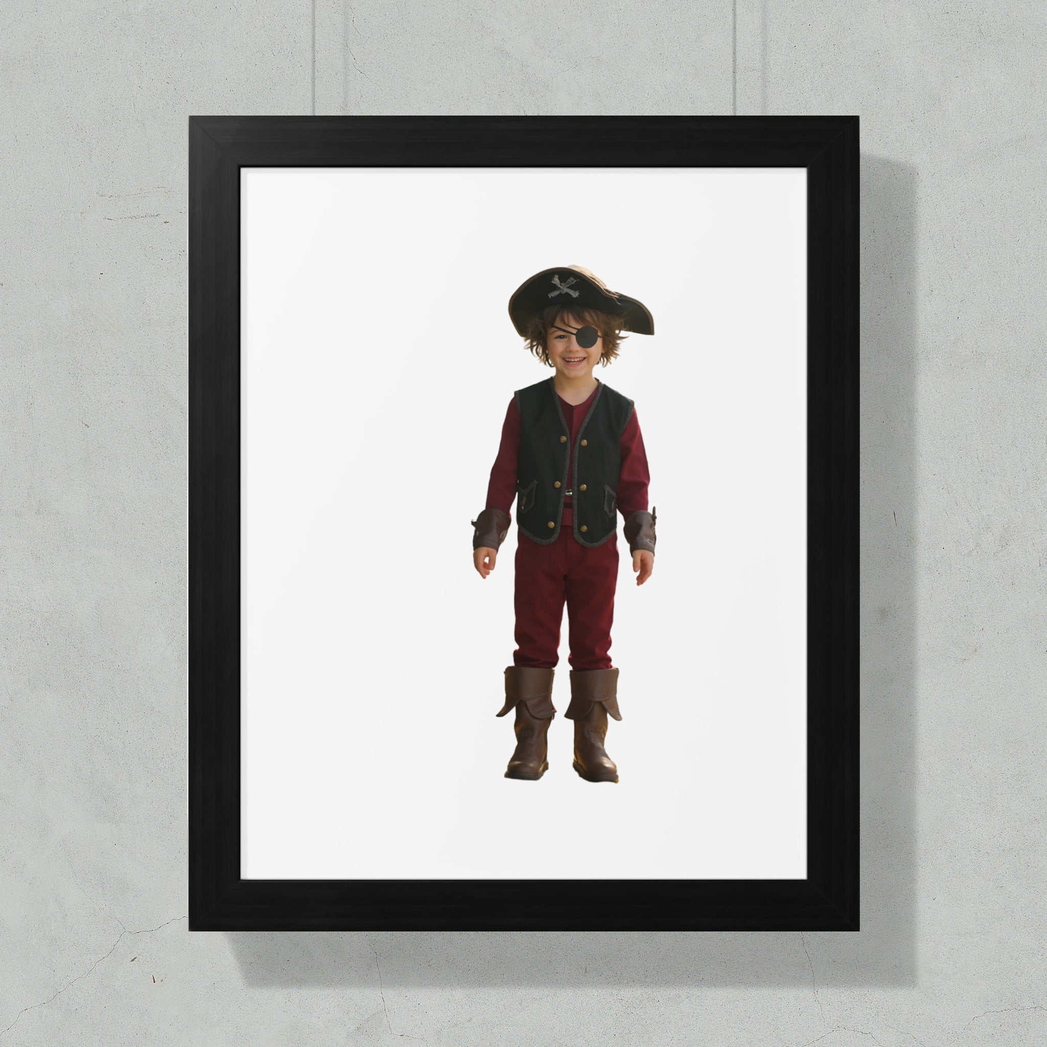 Child dressed as a pirate, wearing hat, eye patch, vest, and boots.
