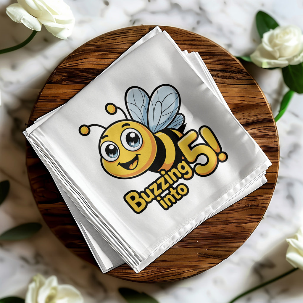 White napkin with cartoon bee and "Buzzing into 5!" text.