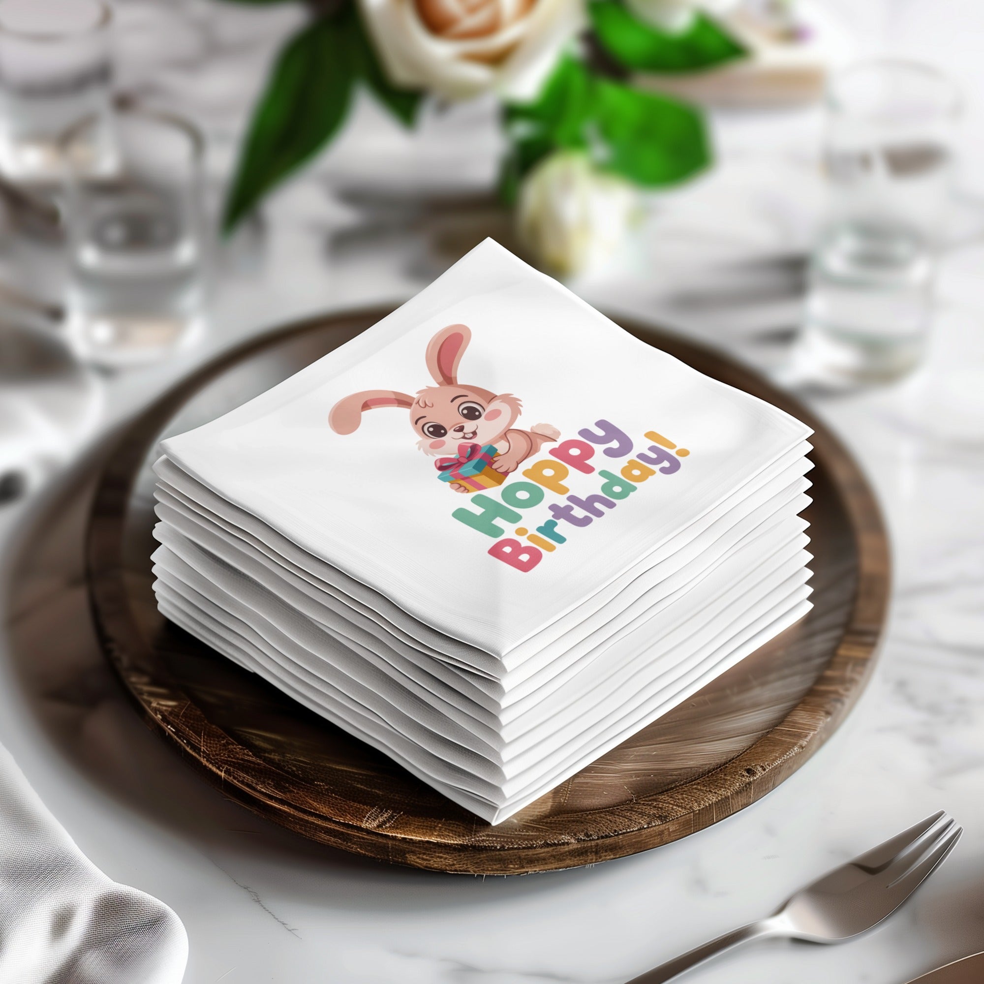 Stack of paper napkins with "Hoppy Birthday!" text and a cartoon bunny.