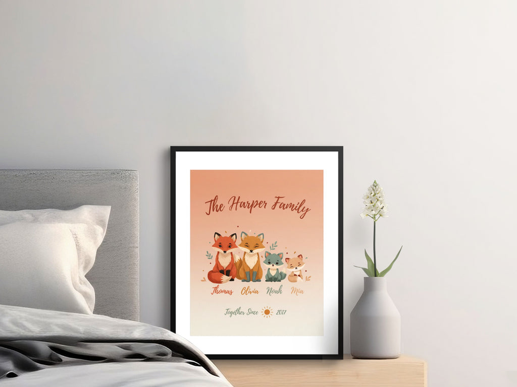 Framed personalized "The Harper Family" print with four foxes and names: Thomas, Olivia, Noah, Mia.