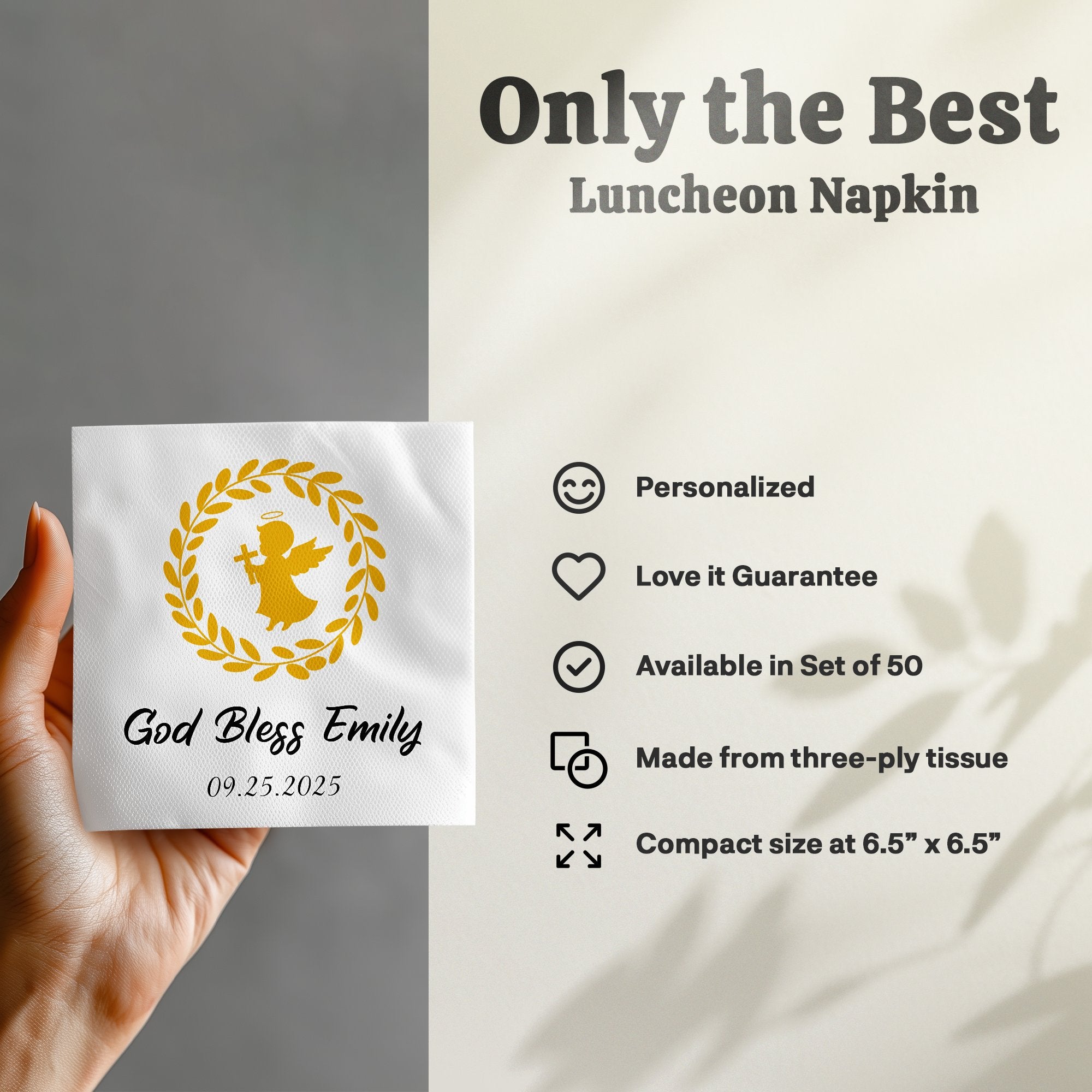White luncheon napkin with "God Bless Emily 09.25.2025" and a golden angel.