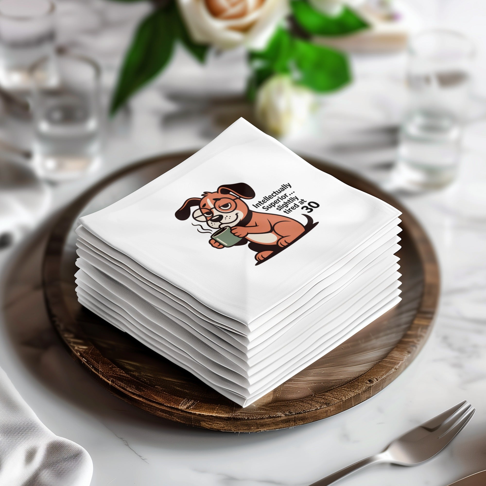 Stack of napkins with a cartoon dog wearing glasses and holding a drink.