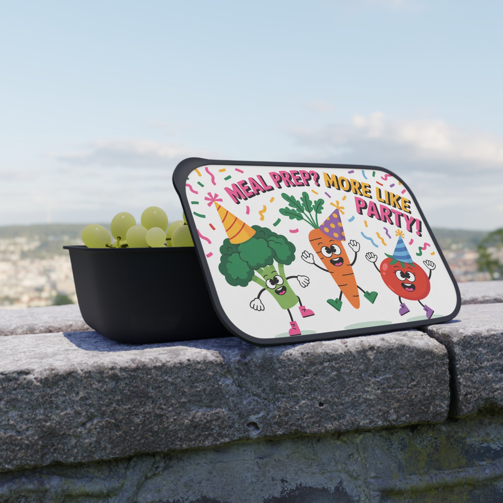 Lunchbox with cartoon vegetables wearing party hats and dancing, "Meal Prep? More Like Party!" text.