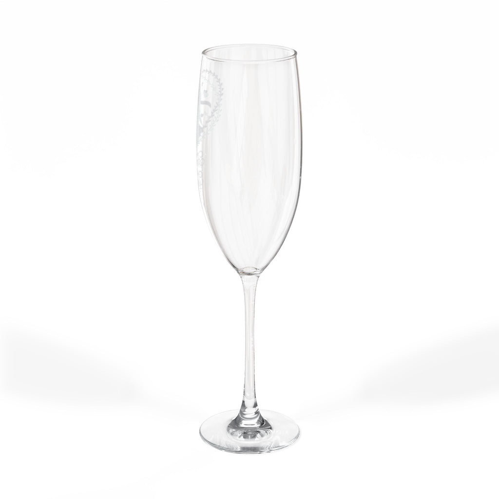 Clear champagne flute with a delicate etched design on the bowl.