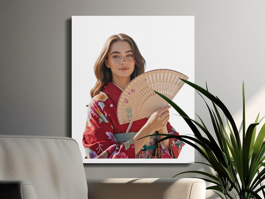 Woman in red kimono holding open floral fan.
