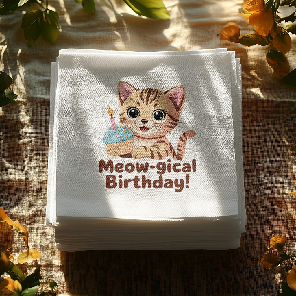 Stack of white napkins with a cartoon cat and "Meow-gical Birthday!" text.