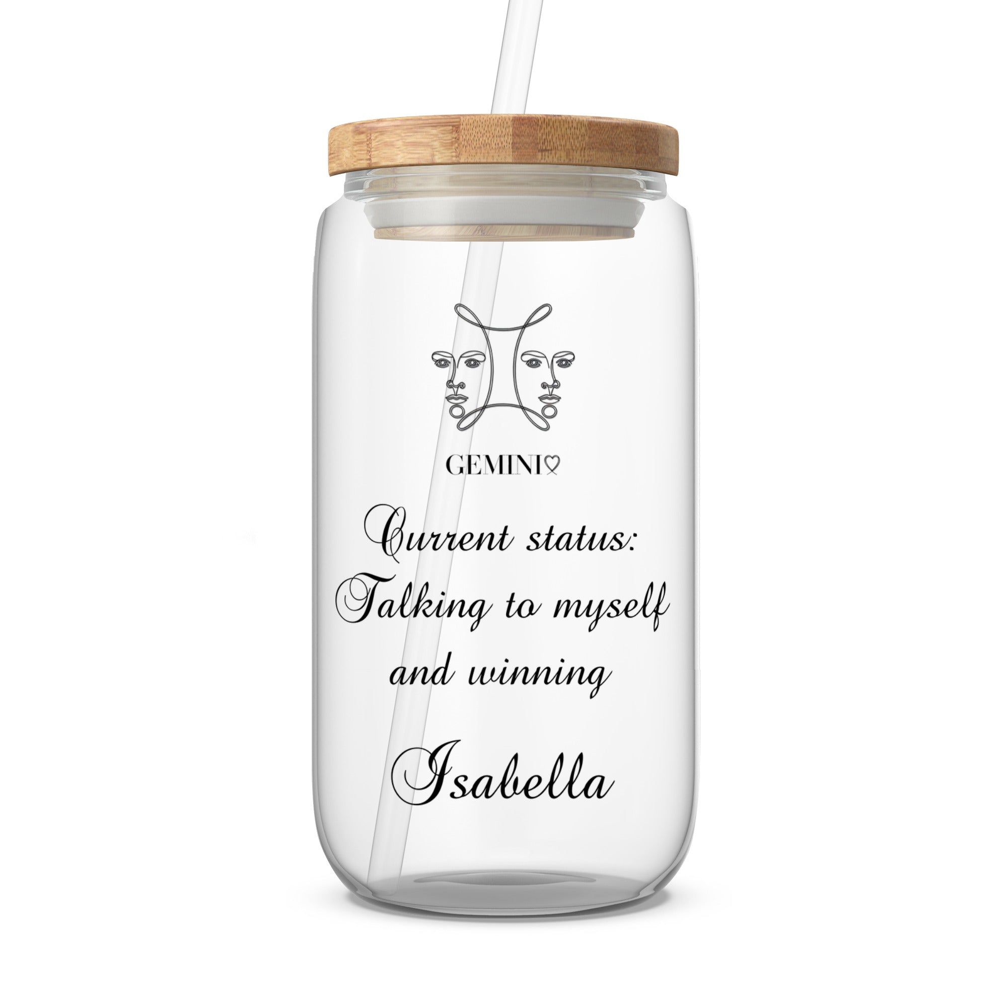 Clear glass tumbler with Gemini zodiac symbol and quote.